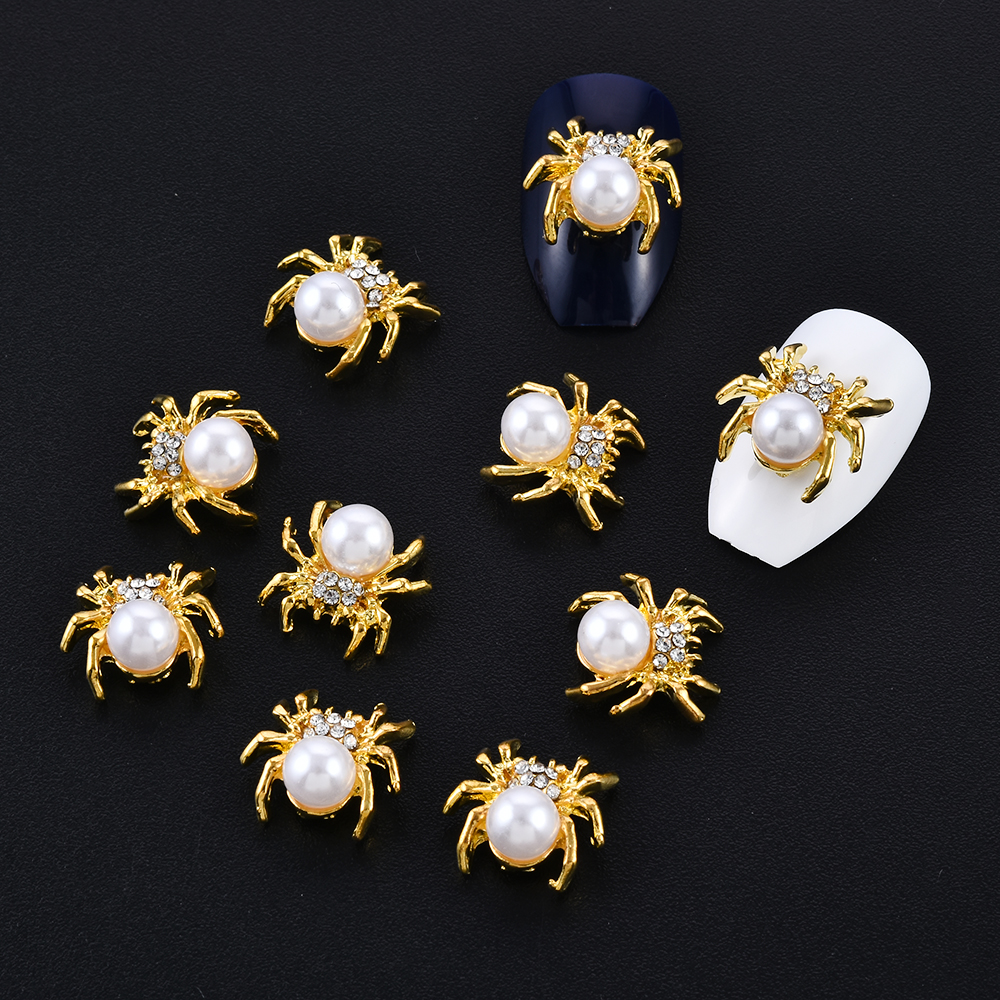 10 Stks/partij Glitter Gold Spider 3D Nail Charms Sieraden Diy Parel Legering Nail Art Decoraties Nails Gereedschap Stickers