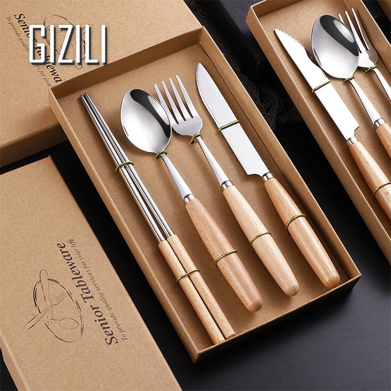 Tableware Stainless Steel Fork Spoon Chopsticks Cutlery Wood Handle Flatware Kitchen Utensils Dinnerware Set 2/3/4Pcs/set
