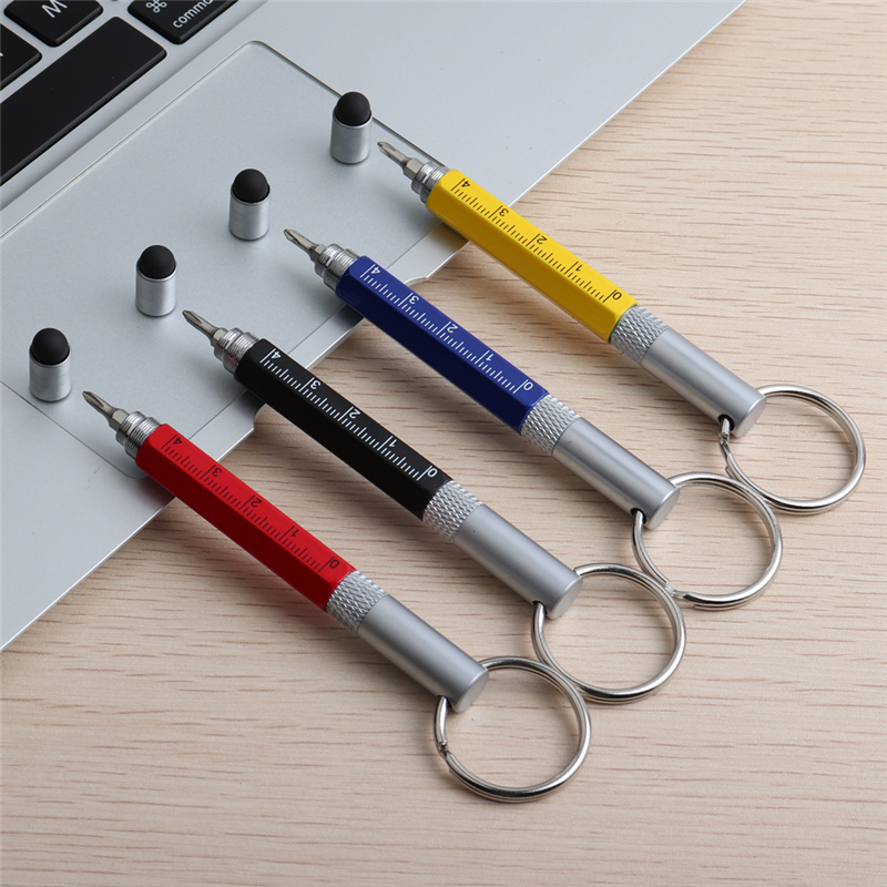 Genkky caneta esferográfica multifuncional, mini caneta esferográfica multifuncional de metal, com ponta esferográfica, jogo de régua, fivelas chaveiro com tinta preta e azul
