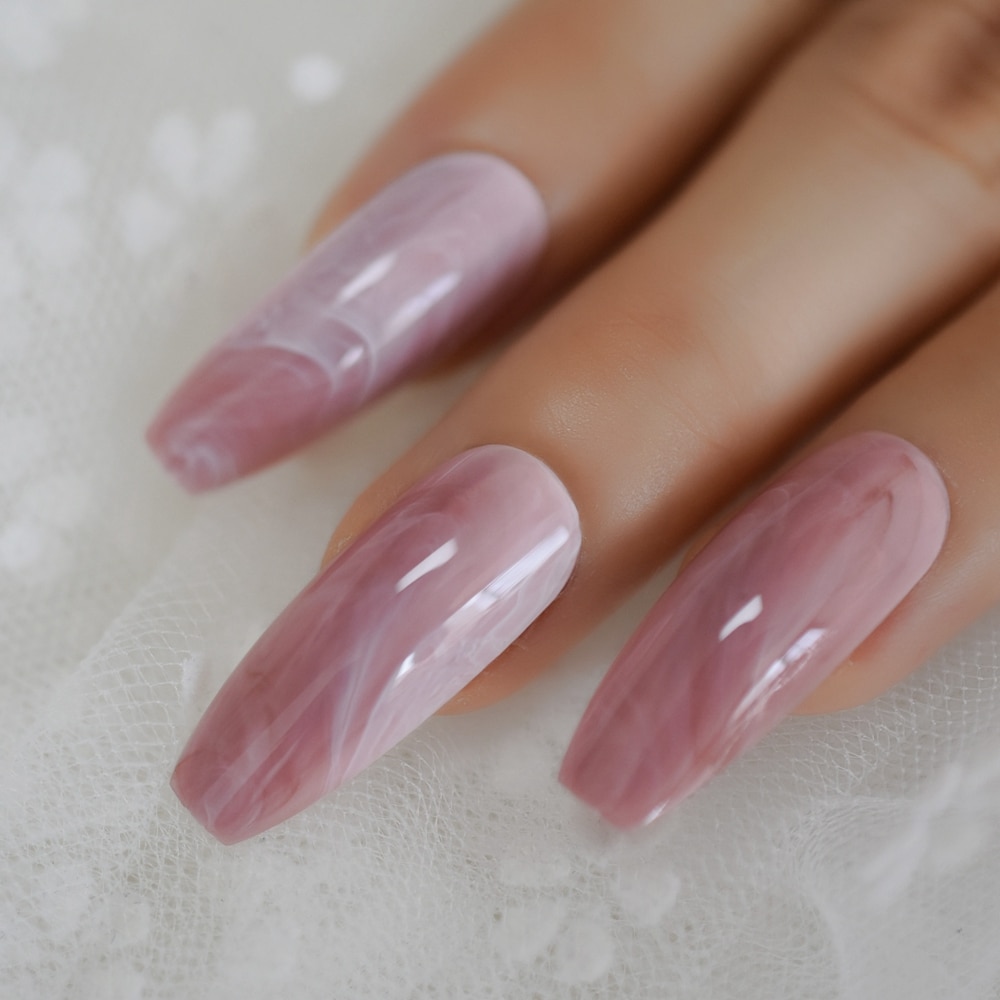 Ongles longs en forme de cercueil, en marbre rose Extra-Long, motifs pierre brillante, ballerine, pointes d'ongles à la pré-conçus, avec onglets à colle
