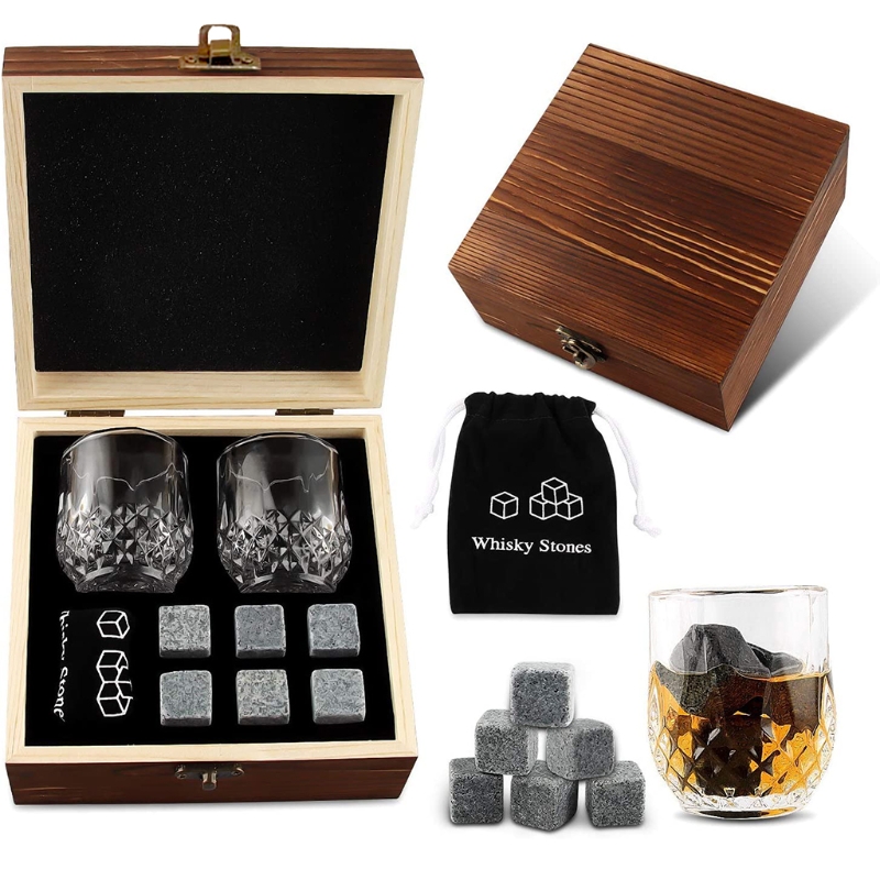 Hediyesepeti Coffret 2 Verres à Whisky + 12 Pierres à Glace Marbre Noir - Cadeau Homme Original Et Utile