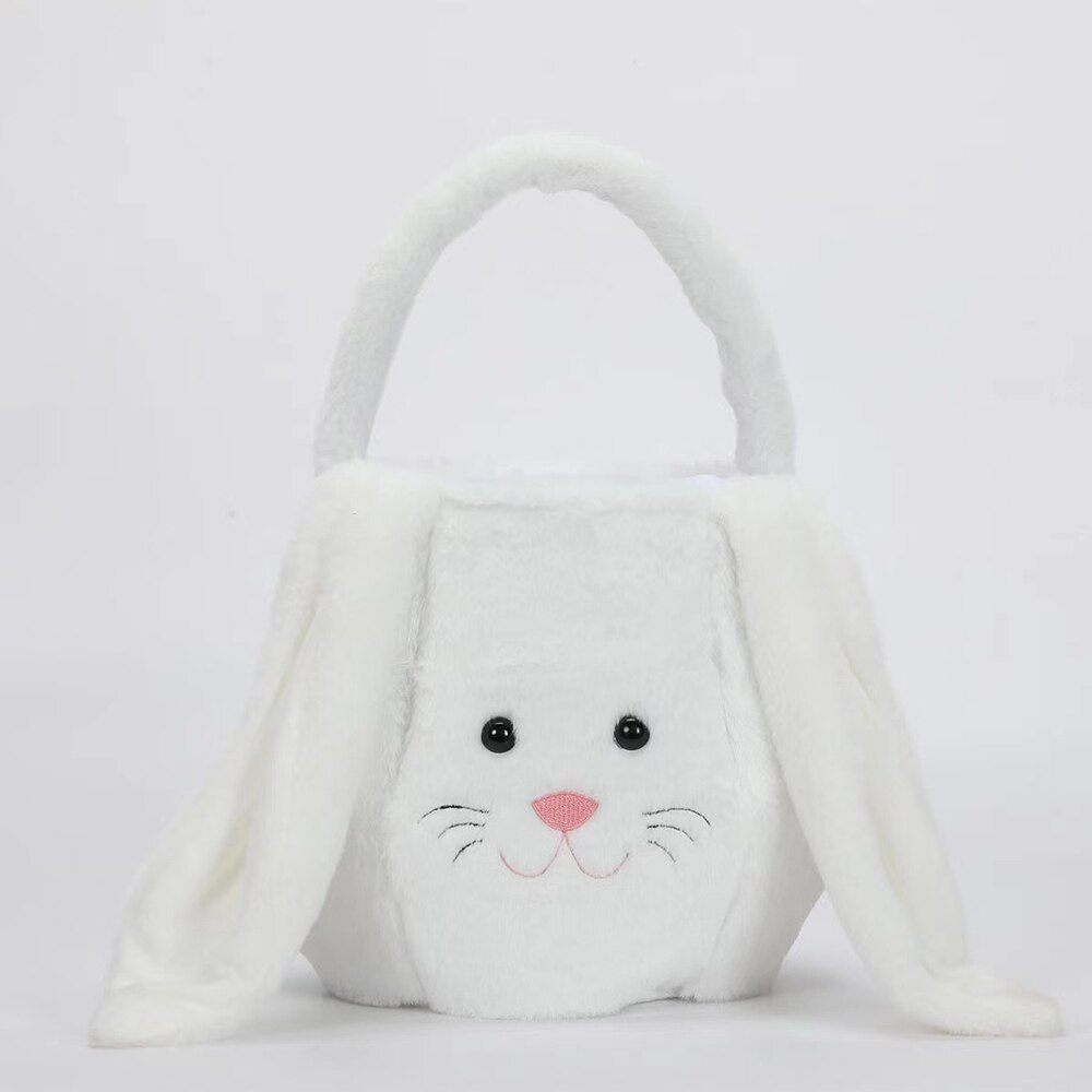 1PC Cute Easter Bunny Basket Long Ear Plush Handbag Egg Candy Baskets Party Decoration For Kids Round Bottom Tote Bag: White