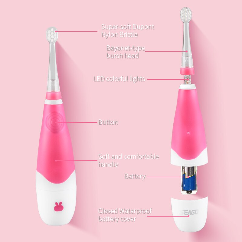 Seago Kinderen Elektrische Tandenborstel 0-3 Jaar Oude Kinderen Kleurrijke Flash Led Licht Sonic Tanden 4 Stuks Vervanging Tand opzetborstels