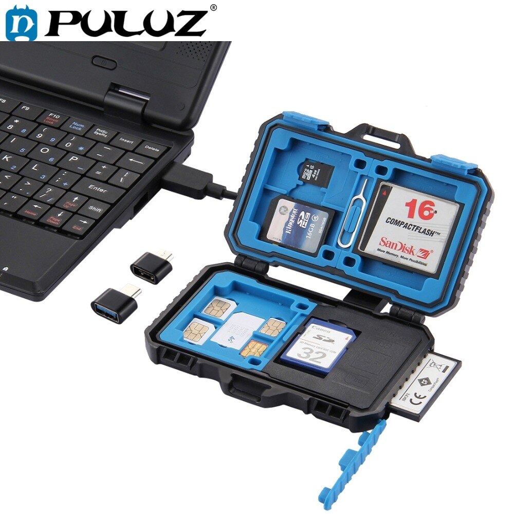 PULUZ Card Reader+22 in 1 Waterproof Memory /SD Card Case Storage Box for 1Standard SIM+2Micro-SIM+2Nano-SIM+7SD+6TF+1CARD PIN