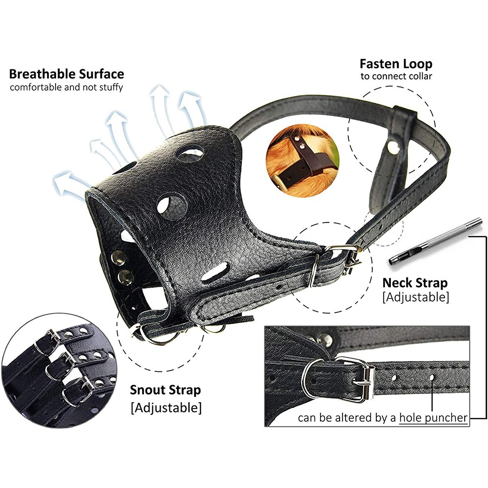 Cuero de la PU perro bozal ajustable transpirable Mascarilla Anti ladrar morder masticar seguridad suave bozales formación para pequeñas perros grandes de la boca