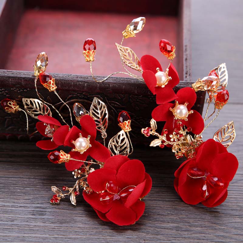 1pc Classic Chinese Red Flower Bride Hair Pins Hair Jewelry Women Girl Hairpin Tiara Barrette Bridal Wedding Hair Accessories LB