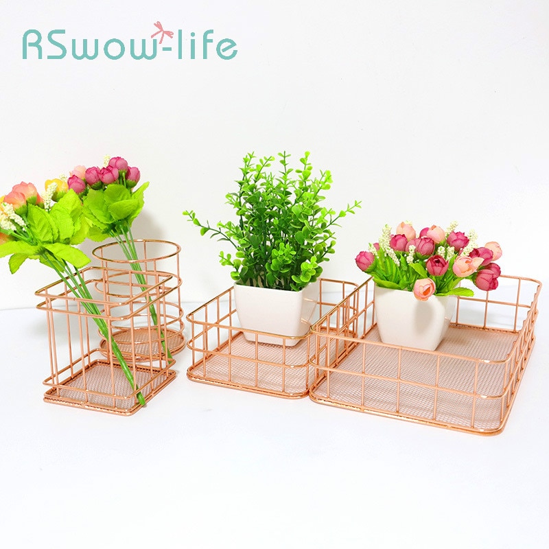 Panier de rangement nordique en fer forgé porte-stylo, panier de rangement en fond de bureau en métal, or Rose, papeterie et finition