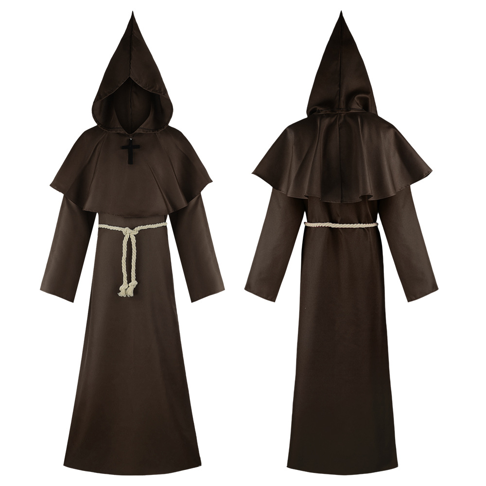 Fantasia de Halloween de Ceifador, Traje de Cinco Fantasmas, Túnica de Frade Medieval, Roupa de Monge, Fantasia de Bruxa e Sacerdote: L / Marrom