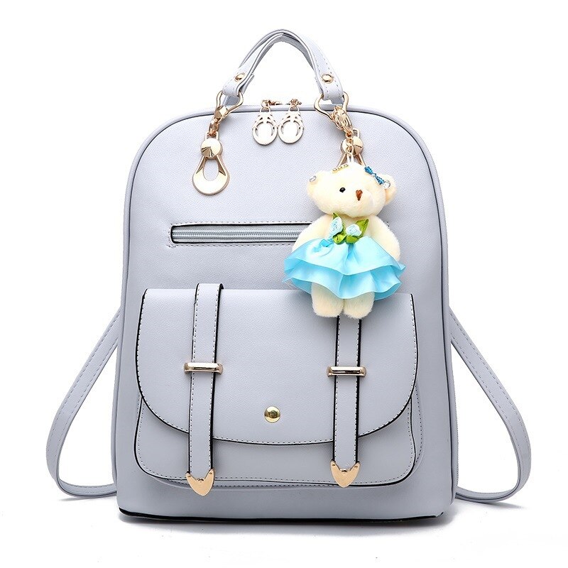 DIOMO Women Backpack Casual Cute for Girl School Bag Pu Leather Bear Pendant Multi-color Optional: Gray