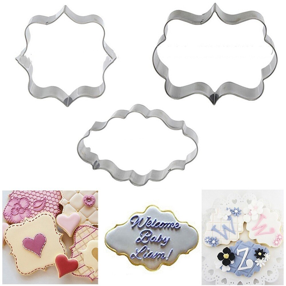 3Pcs Vintage Plaque Frame Cookie Cutter Set Plastic Biscuit Mould Fondant Cake Decorating Gereedschap Fondant Sugarcraft Mallen # W3