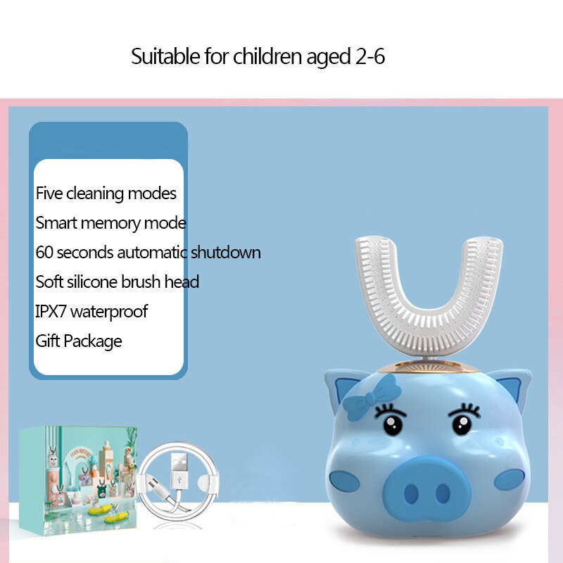 U Shape Smart 360 Angle Cartoon Teeth Cleaner Electric Toothbrush for Kids 2-6Y Teether Automatic Ultrasonic Teether Waterproof: blue piggy 2-6 years