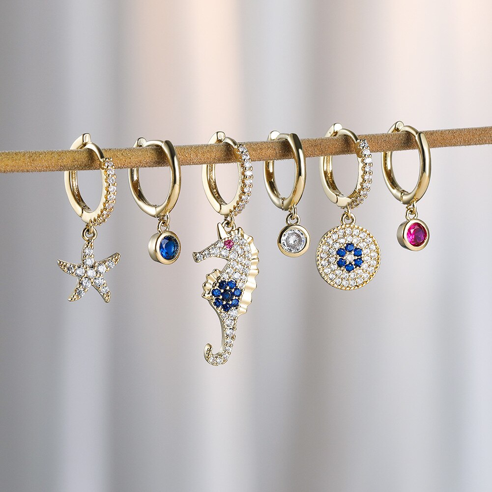 Sipengjel 6 Pcs Kubieke Zirkoon Evil Eye Hanger Oorringen Set Luxe Dier Dangle Oorbellen Voor Vrouwen Sieraden