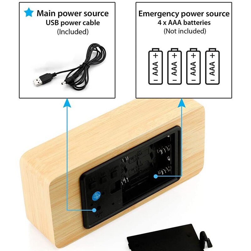 Wooden Digital Alarm Clock, Wood Multi-Function LED Alarm Clock with USB Power Supply, Voice Control
