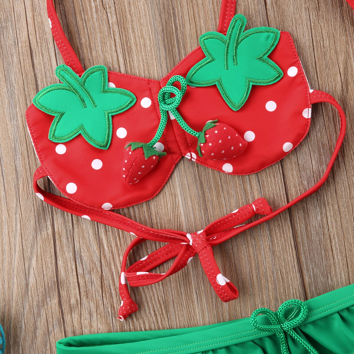 Baby pige jordbær trykt ruffet bikini tankini sæt med hat børn sommer strand to stykker badedragt badetøj badedragt