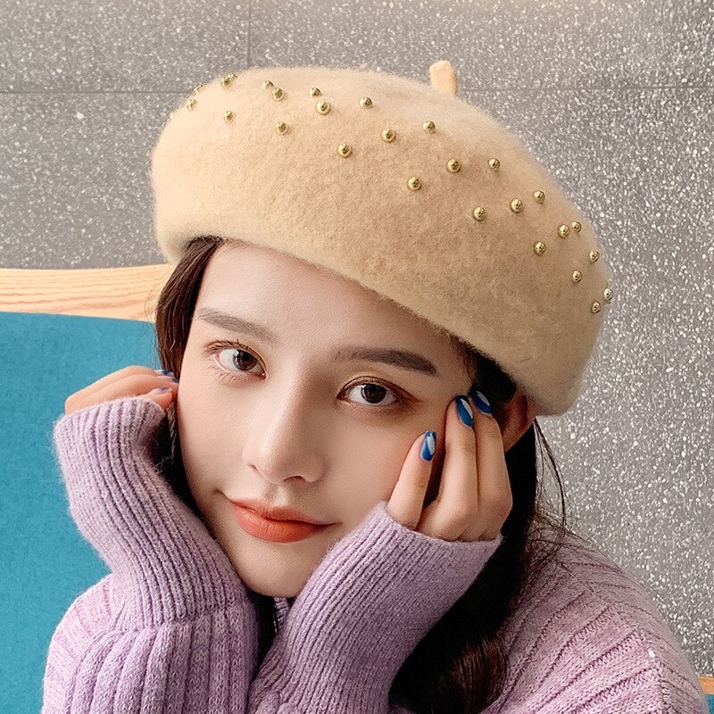 Femmes bérets métal clou perceuse laine couleur unie chapeaux femme Bonnet casquettes dames automne hiver marche chapeau Casquette