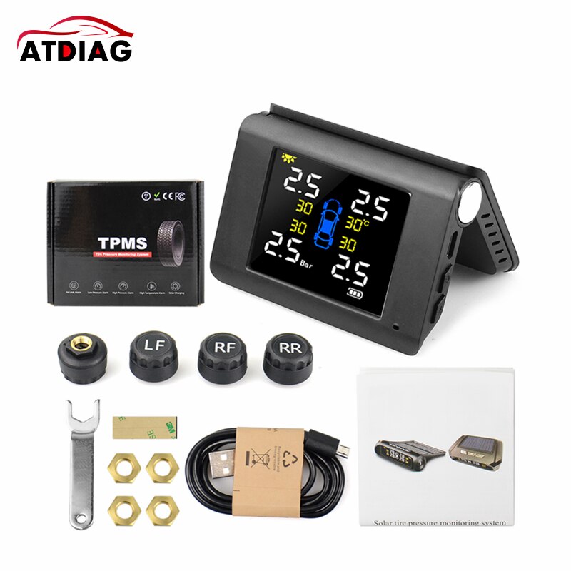 TPMS Solar Power Tyre Pressure Monitoring System with 4 Sensors LCD Real-time Display Car Tire Pressure Auto Alarm System