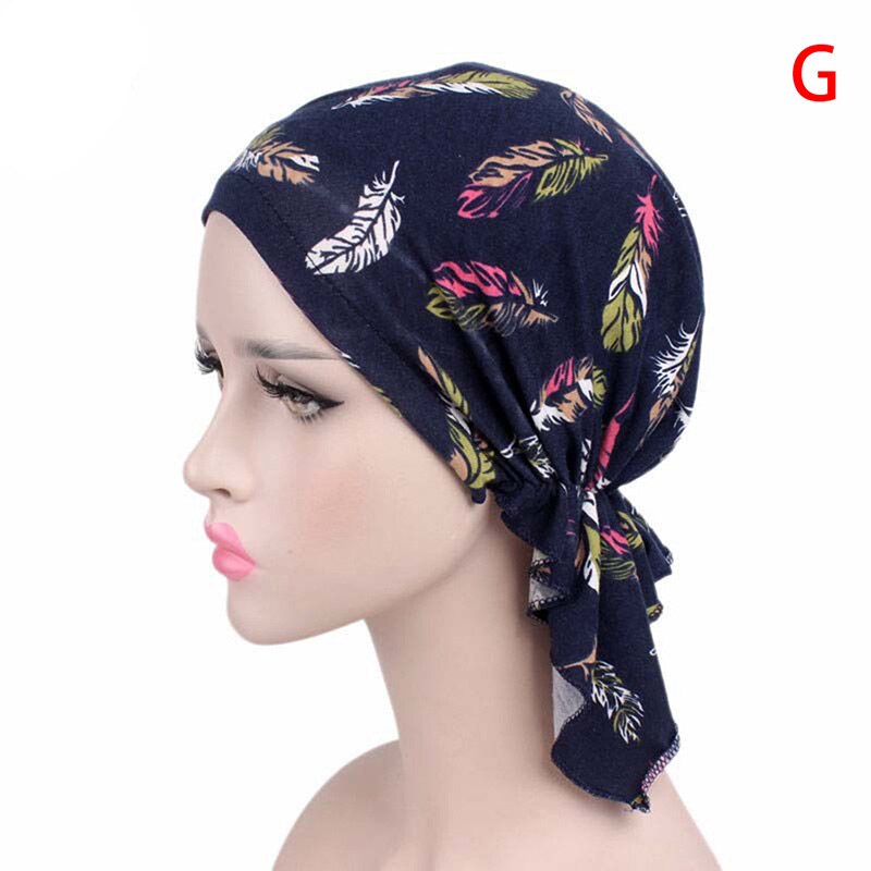 Women Feather-print Turban Hat Long Hair Hat Night Sleep Cap Lady Hair Care Bonnet Headwrap Muslim Hat Indian Hat: G