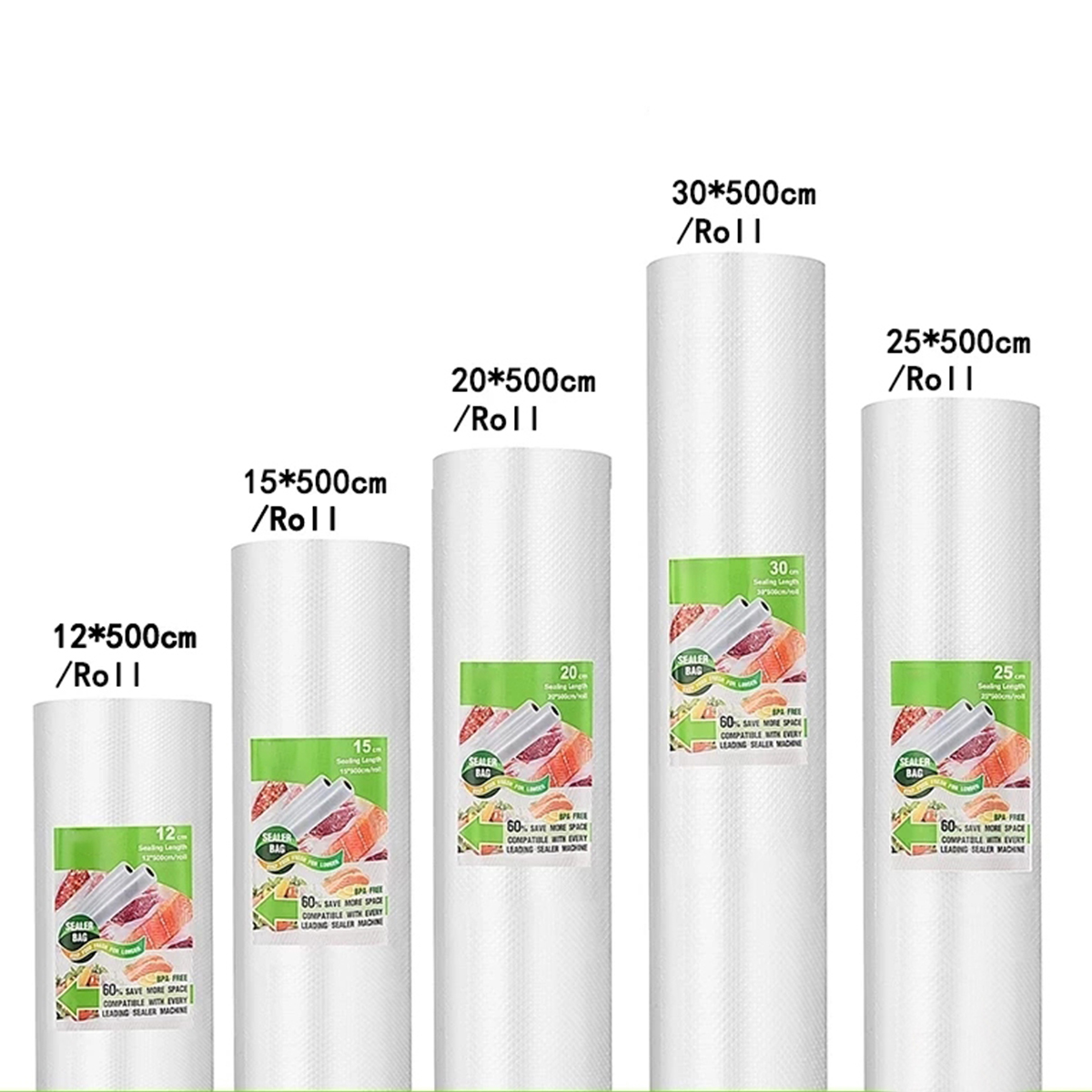 Bolsas de vacío para alimentos, bolsa selladora al vacío, alimentos frescos, mantenimiento largo, 12 + 15 + 20 + 25 + 30cm * 500cm, rollos/lote de bolsas para envasadora al vacío