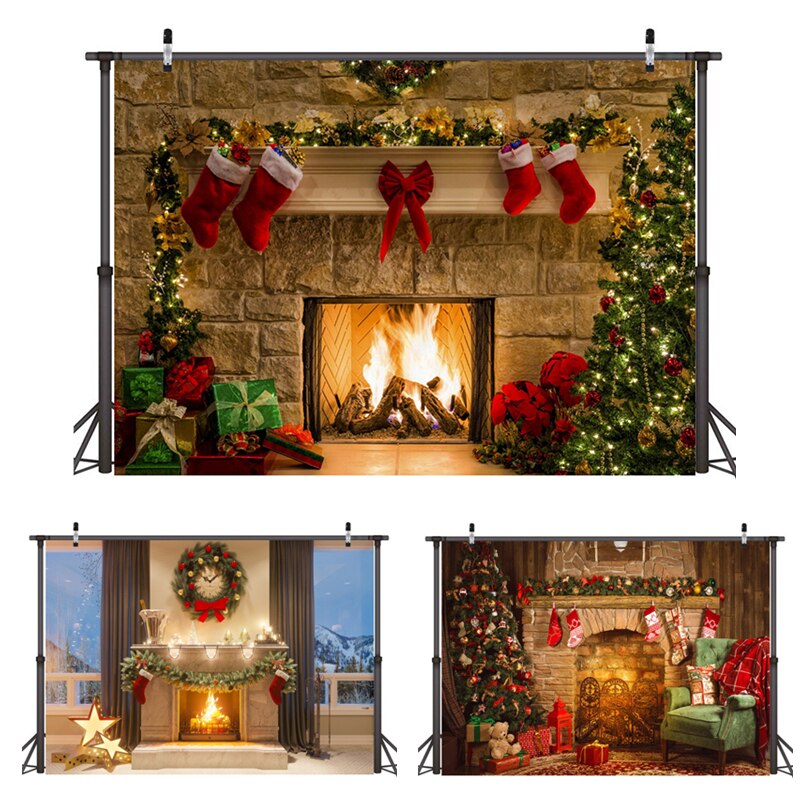 1Pc 3D árbol de Navidad y chimenea fotografía de fondo Cadena de luz de pared telones de fondo