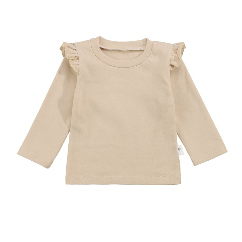 Pasgeboren Kids Ronde Hals Effen Kleur Toevallige Basic Top Ruche Lange Mouwen Geribbelde Slim Fit T-shirts Pulolvers Baby Meisjes 6M-3Y: Beige / 12m