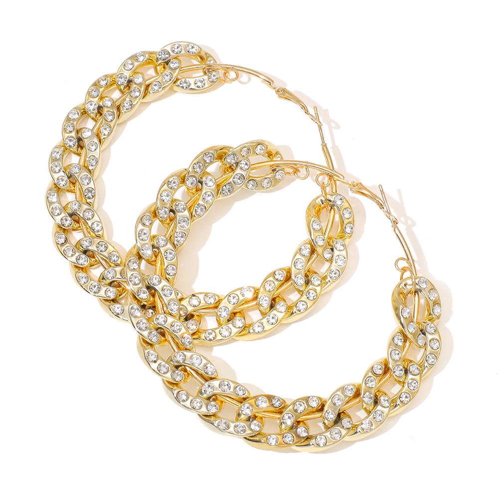 AMORCOME Rhinestone Chain Hoop Earrings For Women Big Circle Round Earrings Brincos Female Statement Jewelry: M Gold