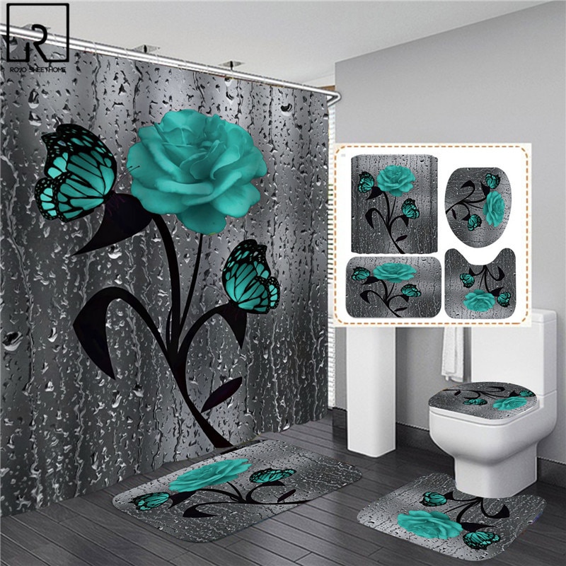 Rideau de Douche 3D Imperméable à Imprimé Rose en Polyester, Accessoires Disponibles en 5 Couleurs, Ensemble de Moquette de Décoration et Tapis de Bain Antidérapant pour toilette et Maison