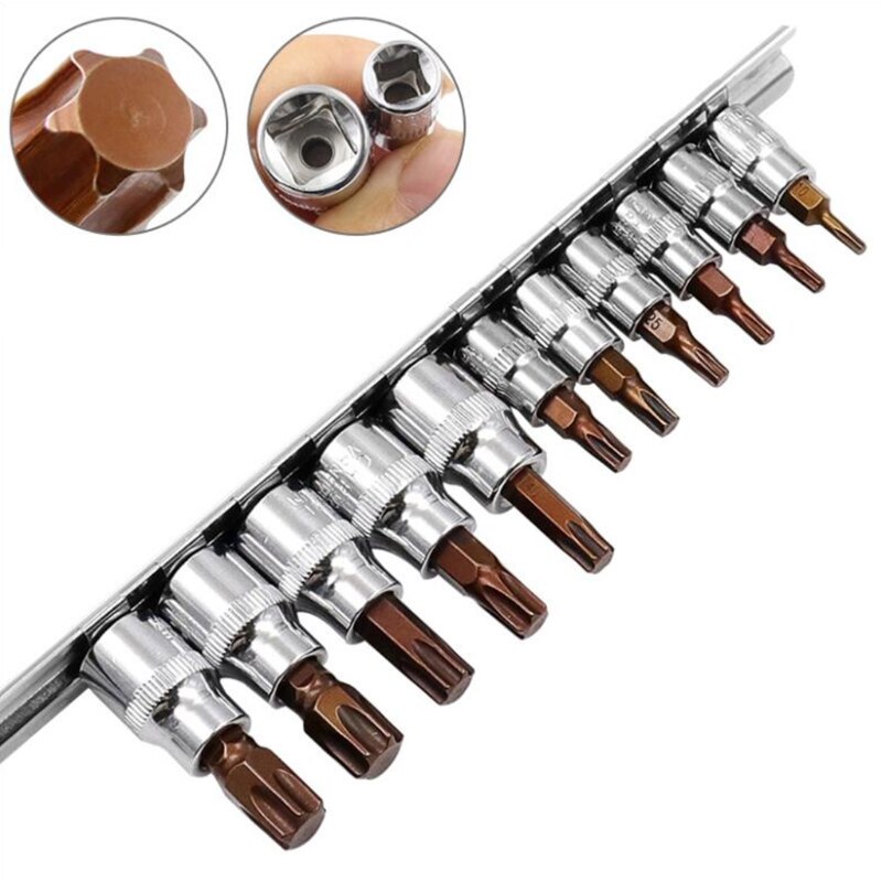 11Pcs T10-T60 3/8" 1/4" Star Hexagonal Torx Bit Socket Kit Driver Sleeve Tool: A