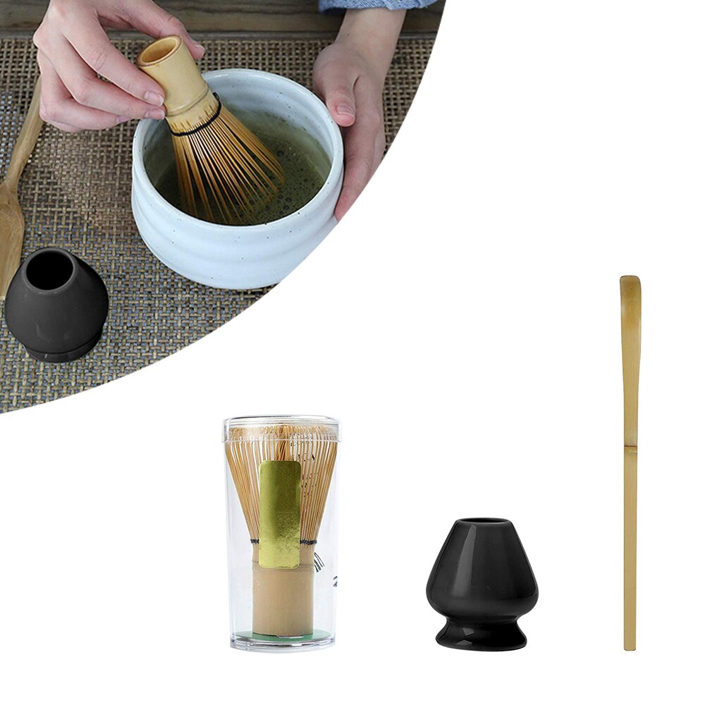 3 in 1 matcha keramisk teskål bambu te skopa matcha visp japansk tekanna te verktyg visp hållare japanska matcha tesatser: Svart