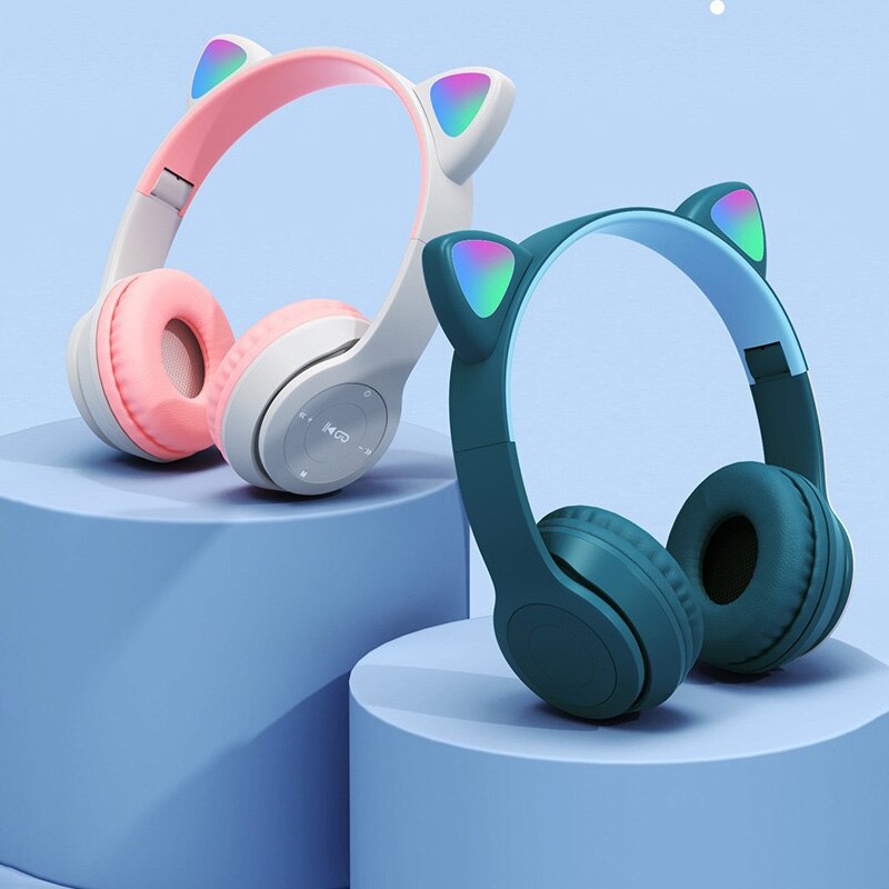 Leuke Kat Oren Bluetooth Draadloze Hoofdtelefoon Met Microfoon Kan Controle Led Kid Meisje Stereo Muziek Helm Telefoon Headset