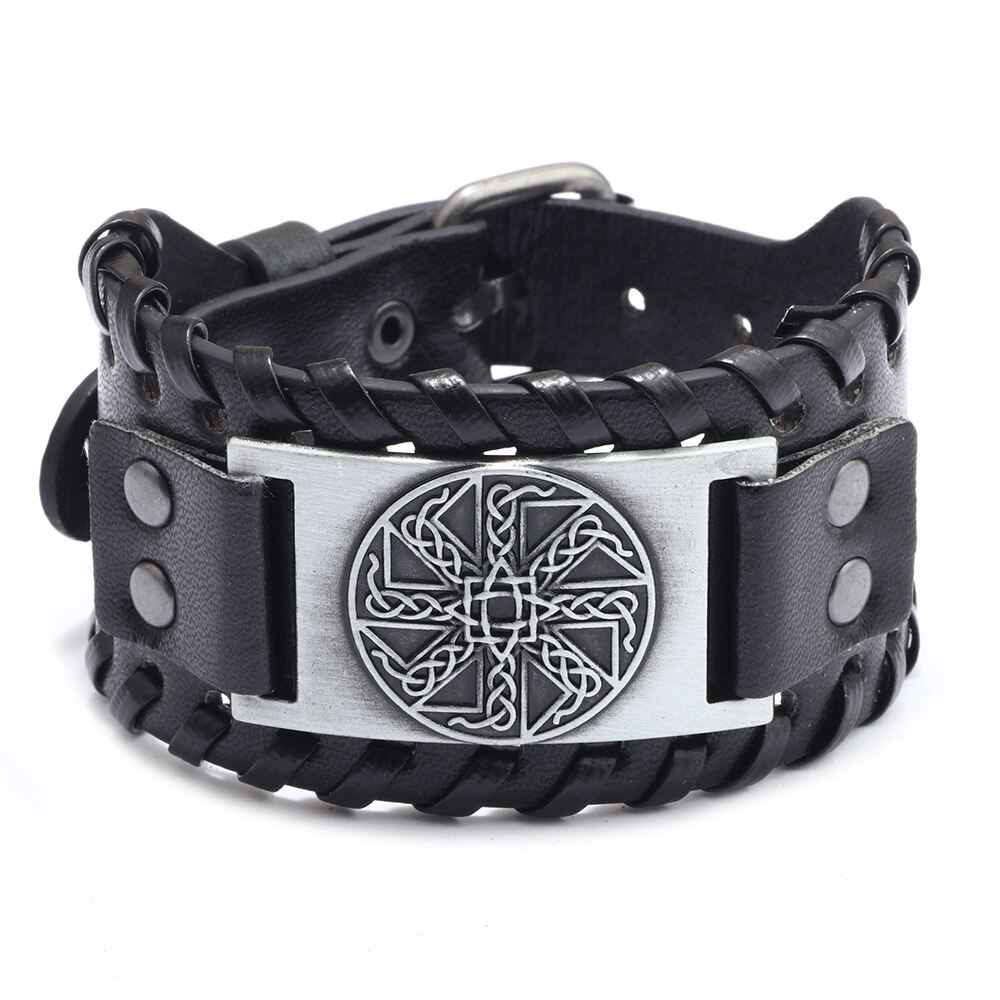 Pulsera de piel con brújula pirata para hombre, de tótem ancho, joyería vikinga celta, accesorios de pulsera, de: Chapado en zinc azul