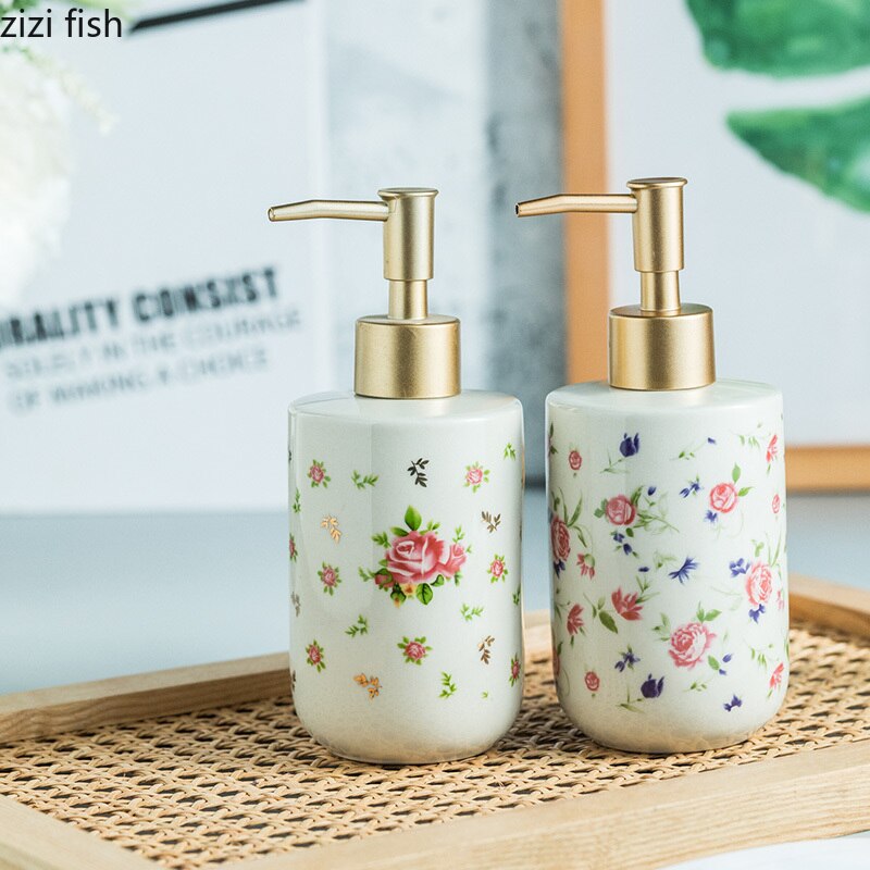 American Retro Rose Pattern Ceramic Soap Dispenser Bathroom Shampoo Moisture Bottling Household Push Type Soap Dispenser Decor
