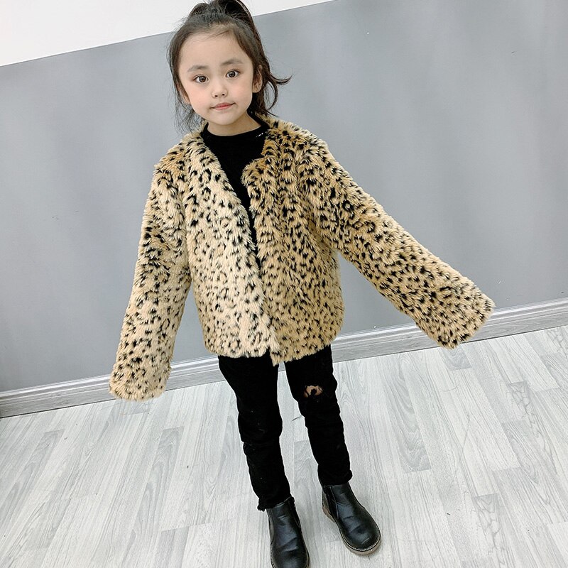 Children Leopard Faux Fur Coat Winter Fluffy Toddler Girl Coat Baby Girls Long Sleeve O Neck Kids Warm Tops Outwear Clothes