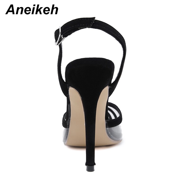 Aneikeh zomer damesschoenen sandalen enkelband flock volwassen ondiepe dunne hak gesp bandje rugbandje feest puntige neus zwart