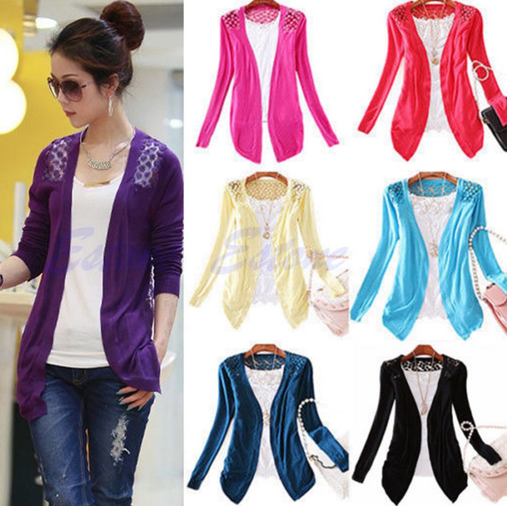 Vrouwen Lady Hollow Kant Gebreide Sweet Candy Kleur Crochet Knit Blouse Top Coat Trui Vest Lange Mouwen Slanke Dunne Out jas