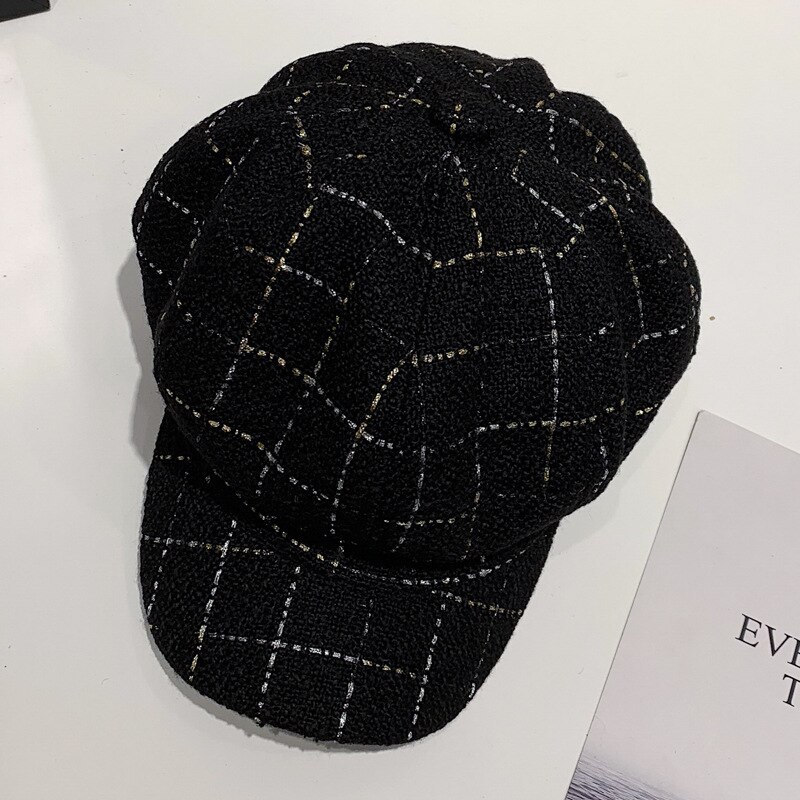 Boina negra para mujer, sombrero octogonal de otoño e invierno, gorra Retro de Pintor británico para mujer, gorra con patrón a cuadros para mujer, gorras, capó Vintage