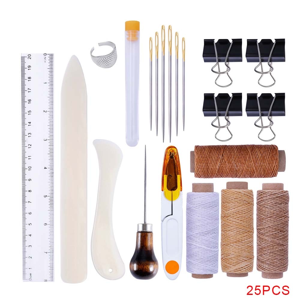 25pcs Leather Craft Bookbinding Kit Paper Creaser Waxed Thread Awl Needle Binder Clips DIY Sewing Set