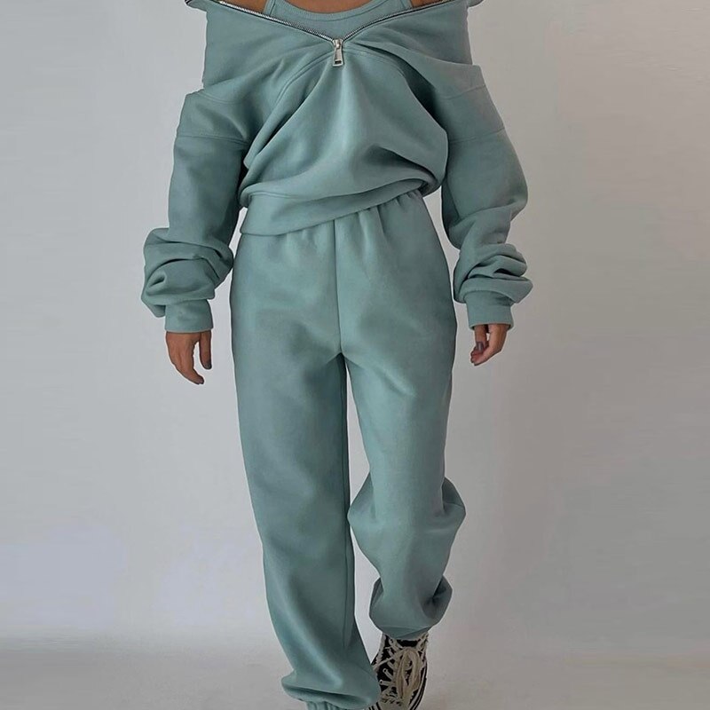 Casual Oversized Polo Zipper Sweatshirts And Trouser Tracksuits Set Women Fleece Two Piece Set Spring Winter Sports Warm Suit