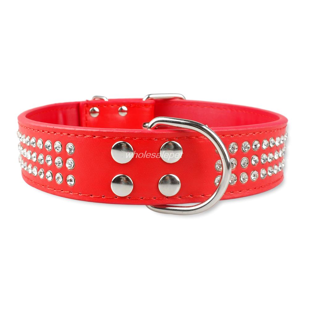 3 Rows Rhinestone Dog Collar Leather Dog Collars 1.5inch Wide For Medium Large Pet 5 Colors 2 Sizes: Red / L