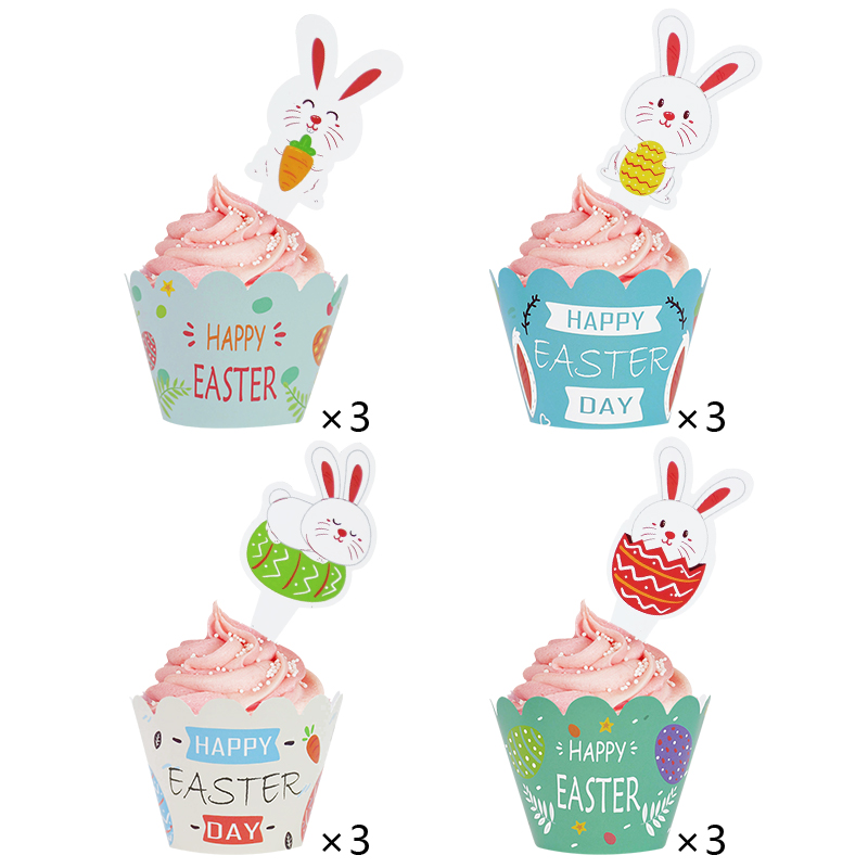 24pcs Happy Easter Cupcake Wrapper with Rabbit Cake Toppers Easter Party Bunny Egg Cake Baking Decoration Kids Birthday Party: Set1