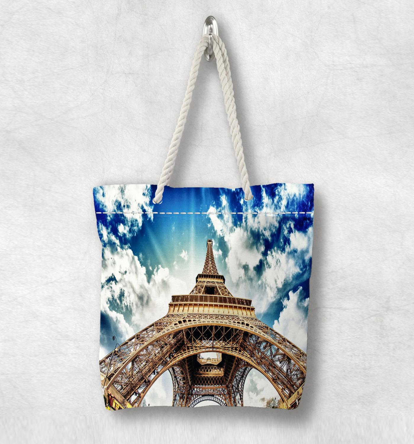 Anders Blauwe Hemel Witte Wolken Parijs Eiffeltoren Wit Touw Handvat Canvas Tas Katoenen Canvas Ritssluiting Tote Schoudertas tas