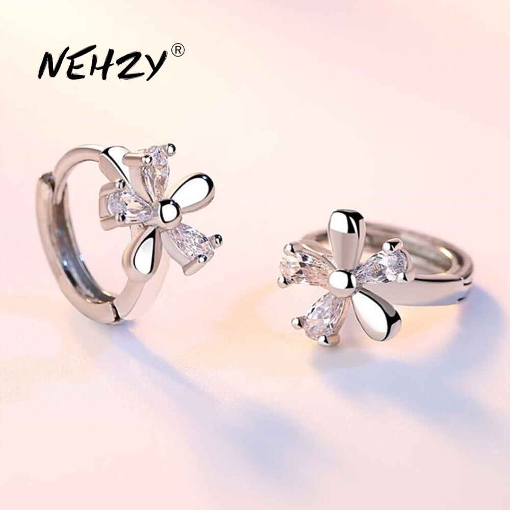 NEHZY S925 Stamp silver earrings jewelry retro simple hollow flower pattern super flash Zircon earrings