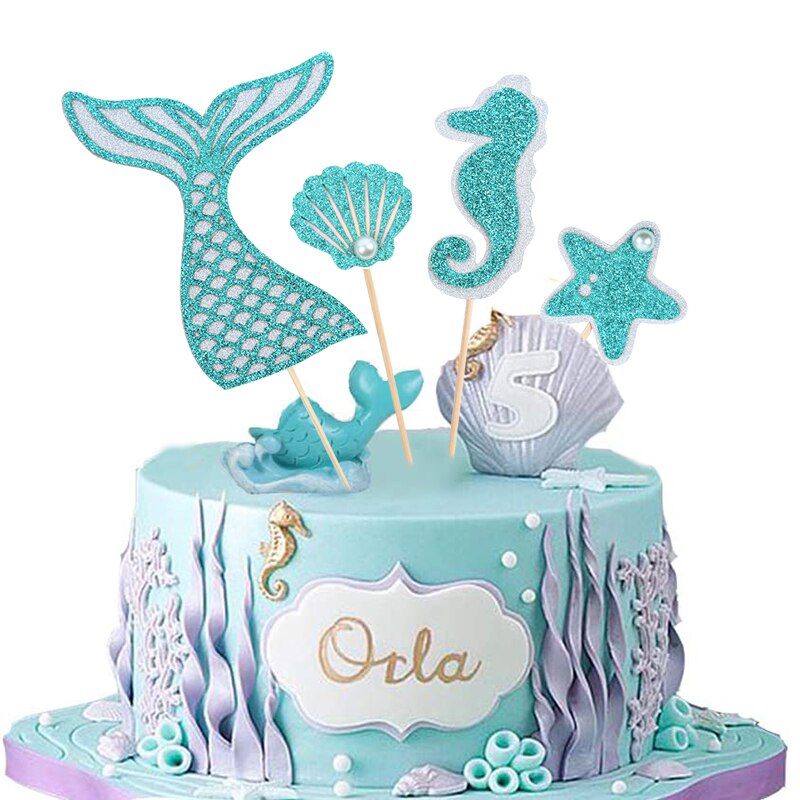 Adornos para pastel de cola de sirena y estrella de mar, decoración para de cumpleaños para niños, decoración para cupcakes, suministros para Baby Shower y boda, 4 unids/set por Set