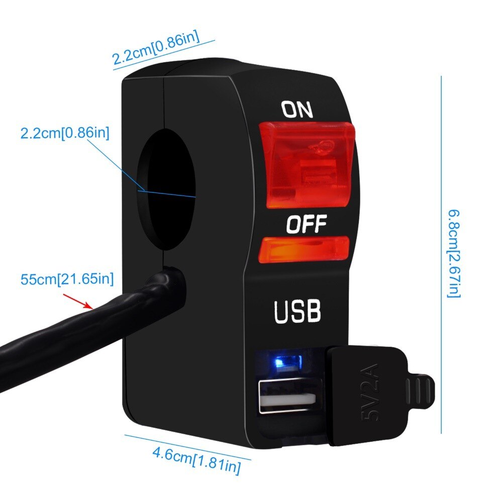 Cargador de teléfono USB con interruptor, montaje en manillar de motocicleta, indicador LED, CC de 12V