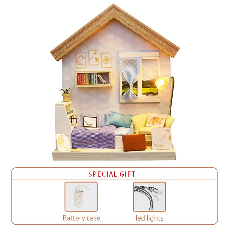 Diy Miniature Dollhouse Kit Handmade Model Wooden House Kitchen Roombox Birthday Christmas Kids Toys Doll House Furniture: Blue