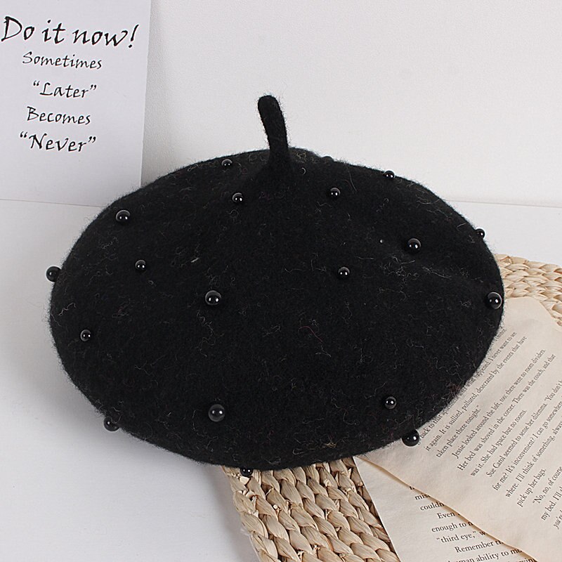 Crianças da criança menina boina de lã chapéu outono inverno quente clássico estilo francês frisado pérola gorro boné moda infantil para 2-8y: D