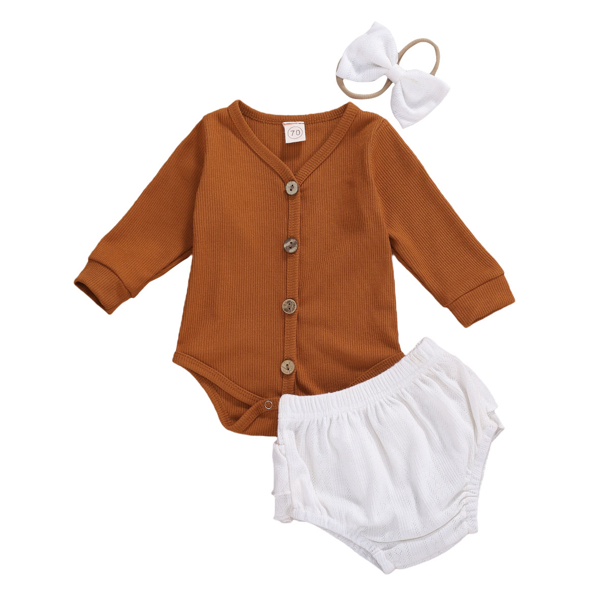 Autumn Baby Clothes Infant Newborn Baby Girl Outfit Cotton Long Sleeve Bodysuit White Shorts Headband 3Pcs Set: 24M