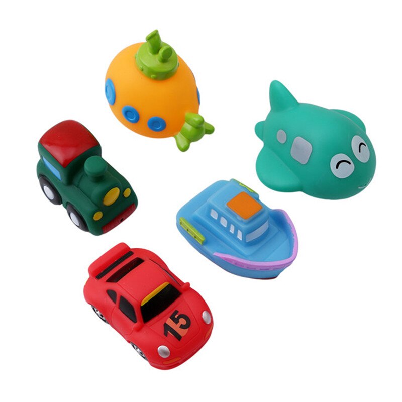 5PCS/Set Baby Fishing Toys Vehicle Model Soft Cartoon Simulation Car Airplane Submarine Baby Bathing Water Spraying Fish Toys