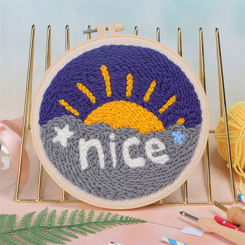 Scenery Moon Punch Needle Embroidery Starter Kits DIY Craft Set Rug Hooking Punch Needle Tool With Threader Fabric Wool Yarn: Blue