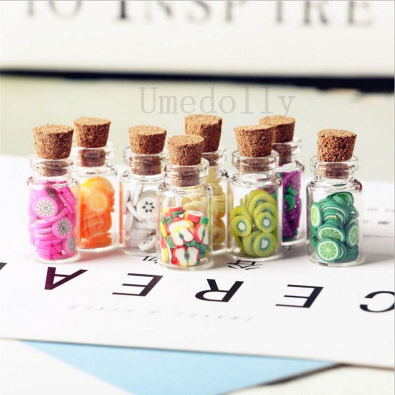 2PCS Cute Mini Wooden Stopper and Fruit Slice Glass Bottle 1/12 Dollhouse Minaiture Play Kitchen Food for Doll Toy