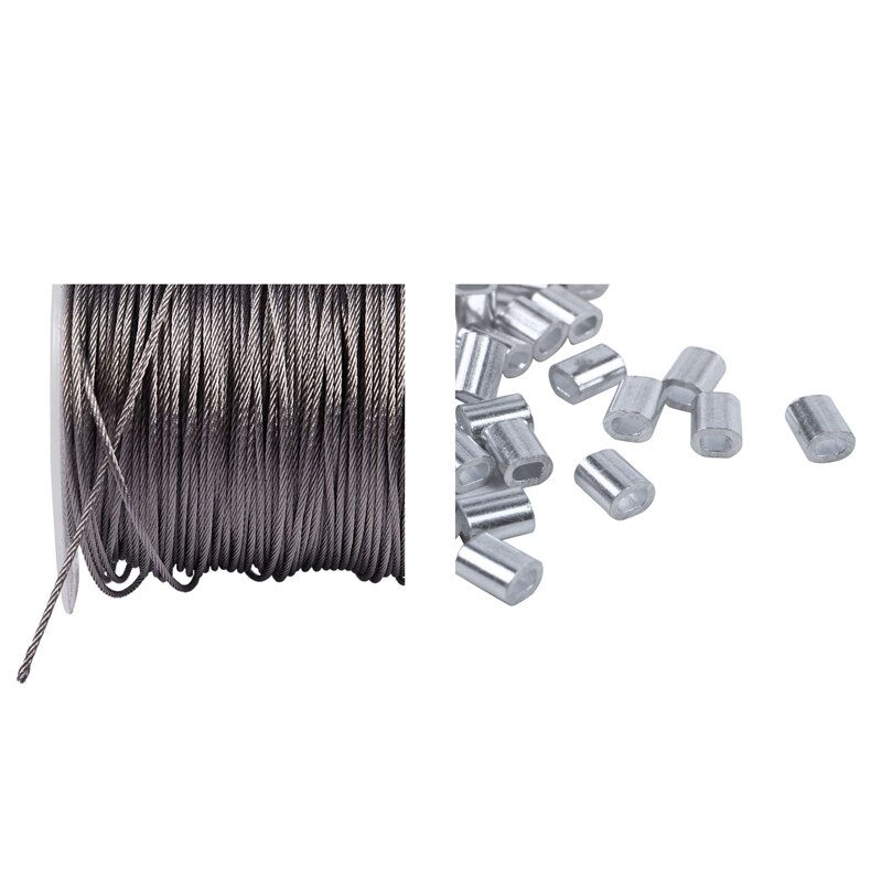 100 stk 1mm stålwirer aluminiumshylster ærmer sølv tone & 1x hejseløft 7 x 7 1mm dia rustfrit stål fleksibel wire